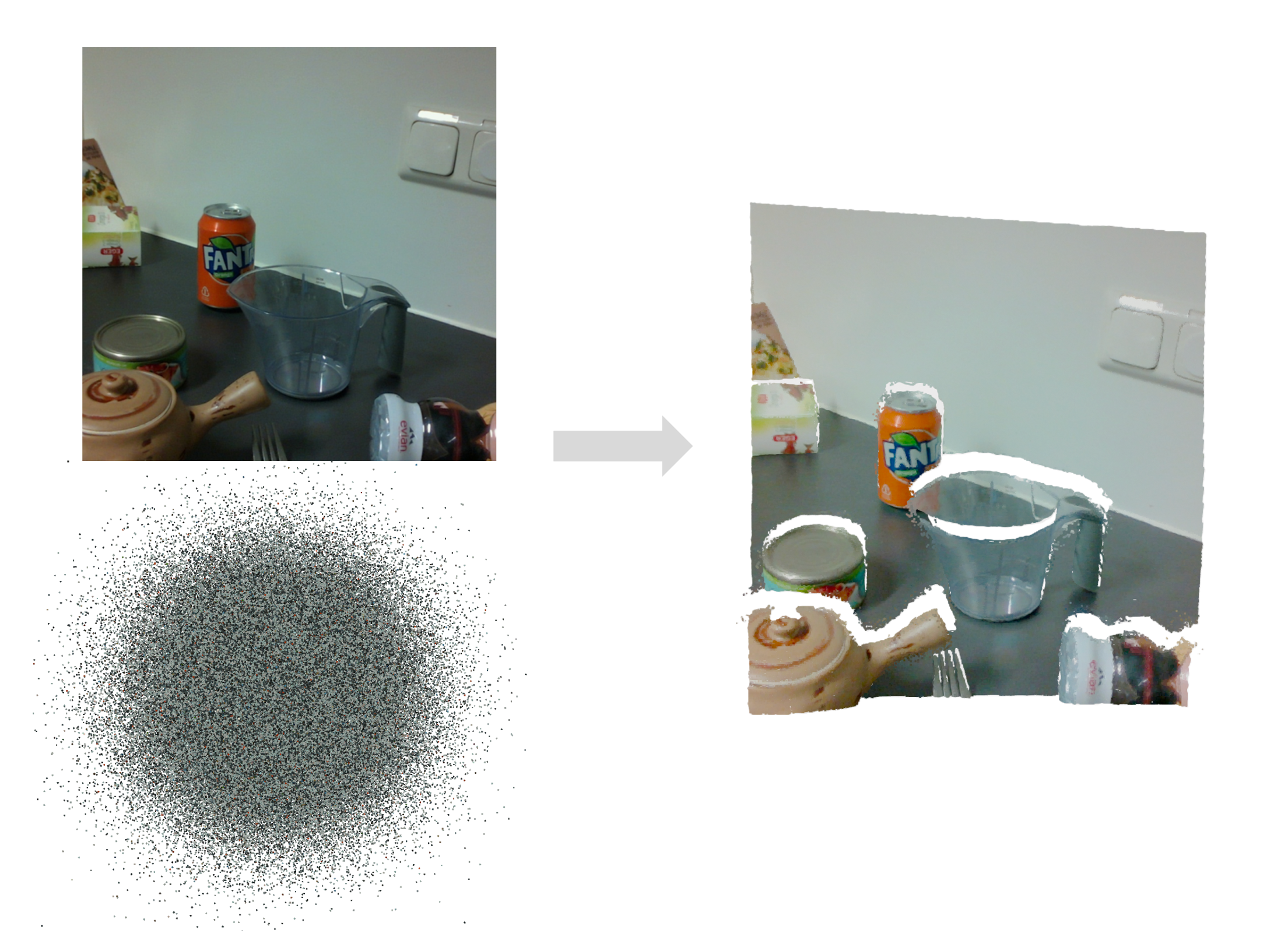PointDiT teaser: a single image and random noise are mapped to a 3D point cloud in one diffusion step